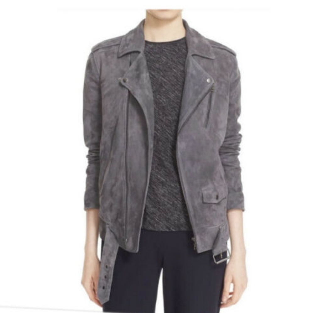 Theory Suede Moto Jacket Grey Small